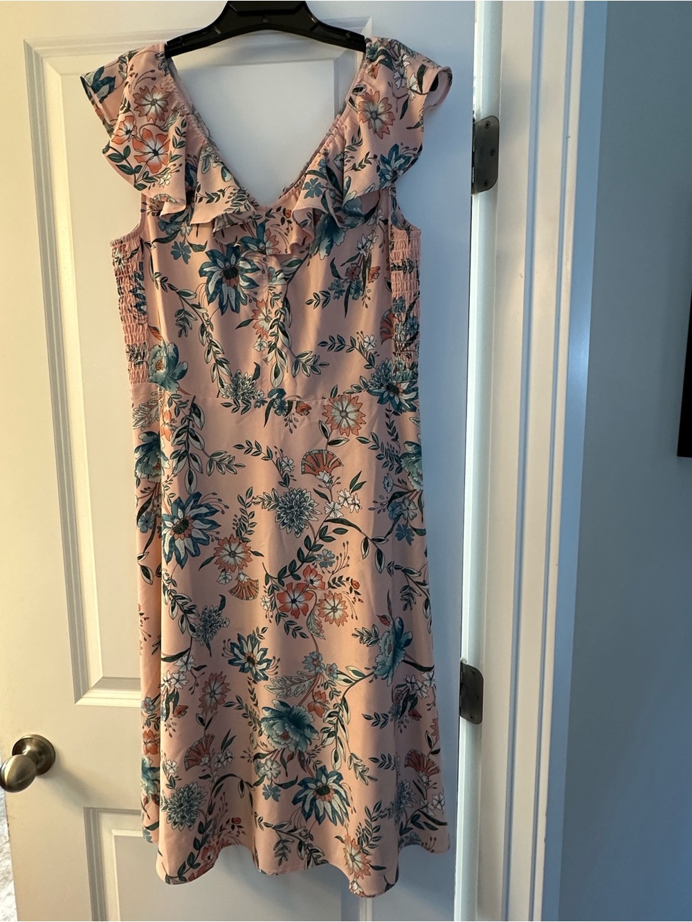 LOFT Pink Floral Ruffle V-Neck Midi Dress with Matching Sweater